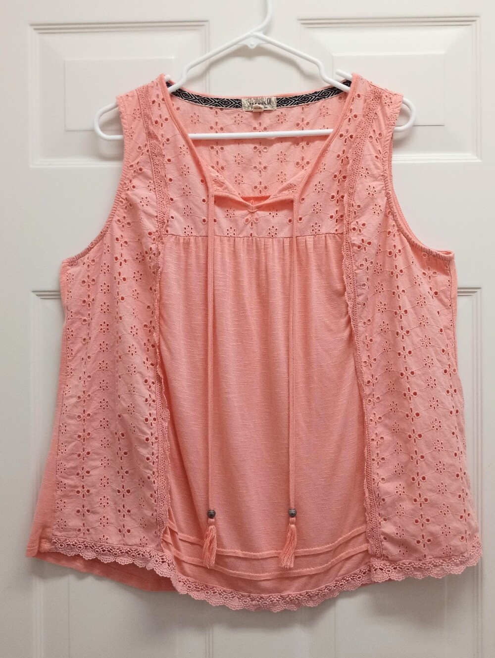 One World Boho Eyelet Tank Top Coral Pink XL Tassel Crochet Cottagecore Prairie